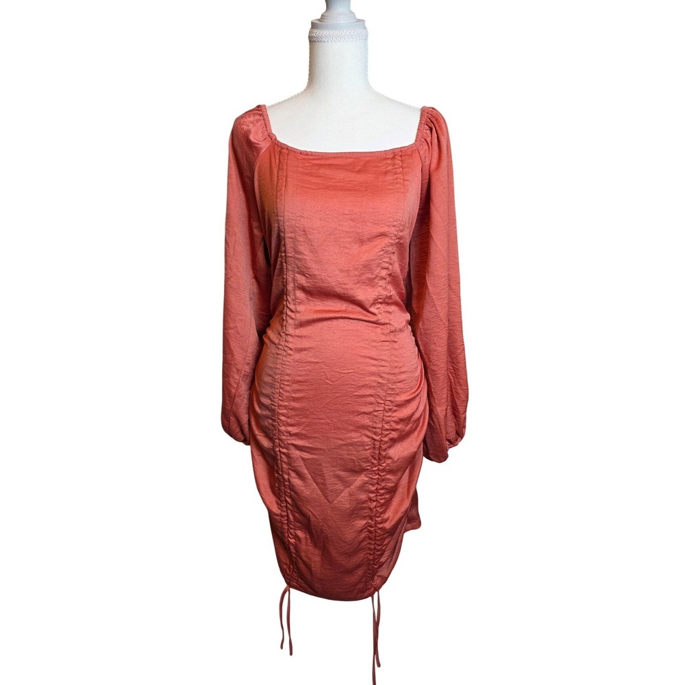Fiest Coral Ruched‎ Bodycon Mini Dress Square Neck Long Sleeve Size L